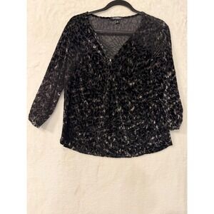 Roz & Ali Womens Black Velvet Burnout Leopard Print V-Neck 3/4 Sleeve Blouse M